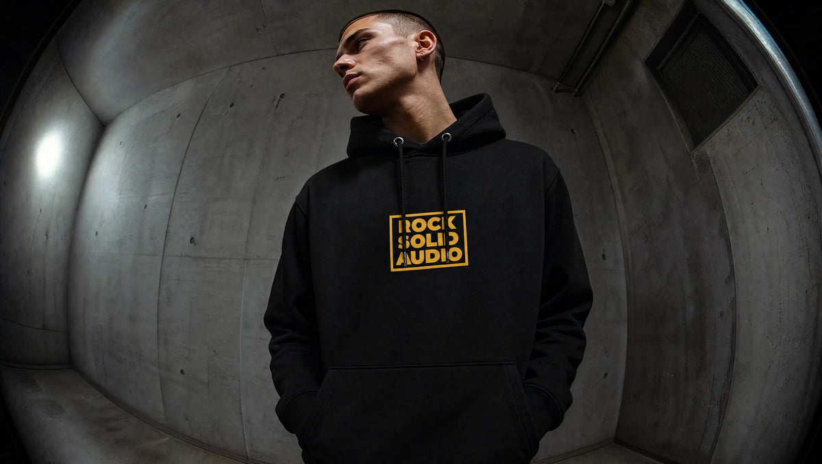 Rocksolid Audio hoodie worn in a studio